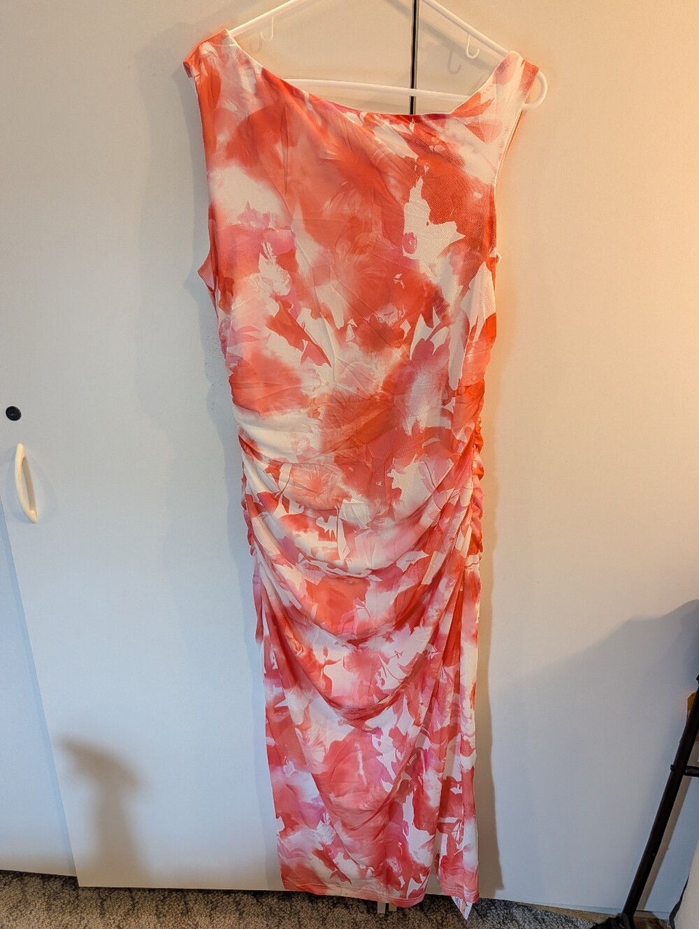 Prettygarden Woman's XL Sleeveless Coral & White Ruched Maxi Dress NWT